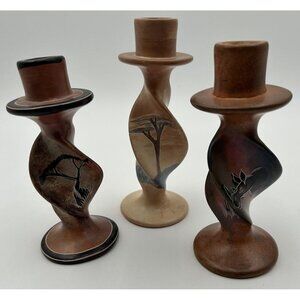 Lot of 3 Vintage 1970s SOAPSTONE KENYA Africa Hand Carved Spiral Candlesticks